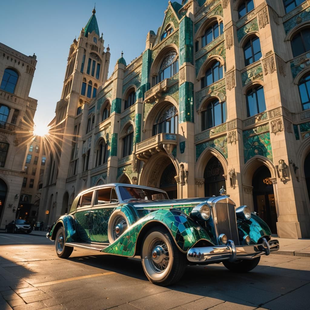 Art Deco Automobile with Geometric Architecture