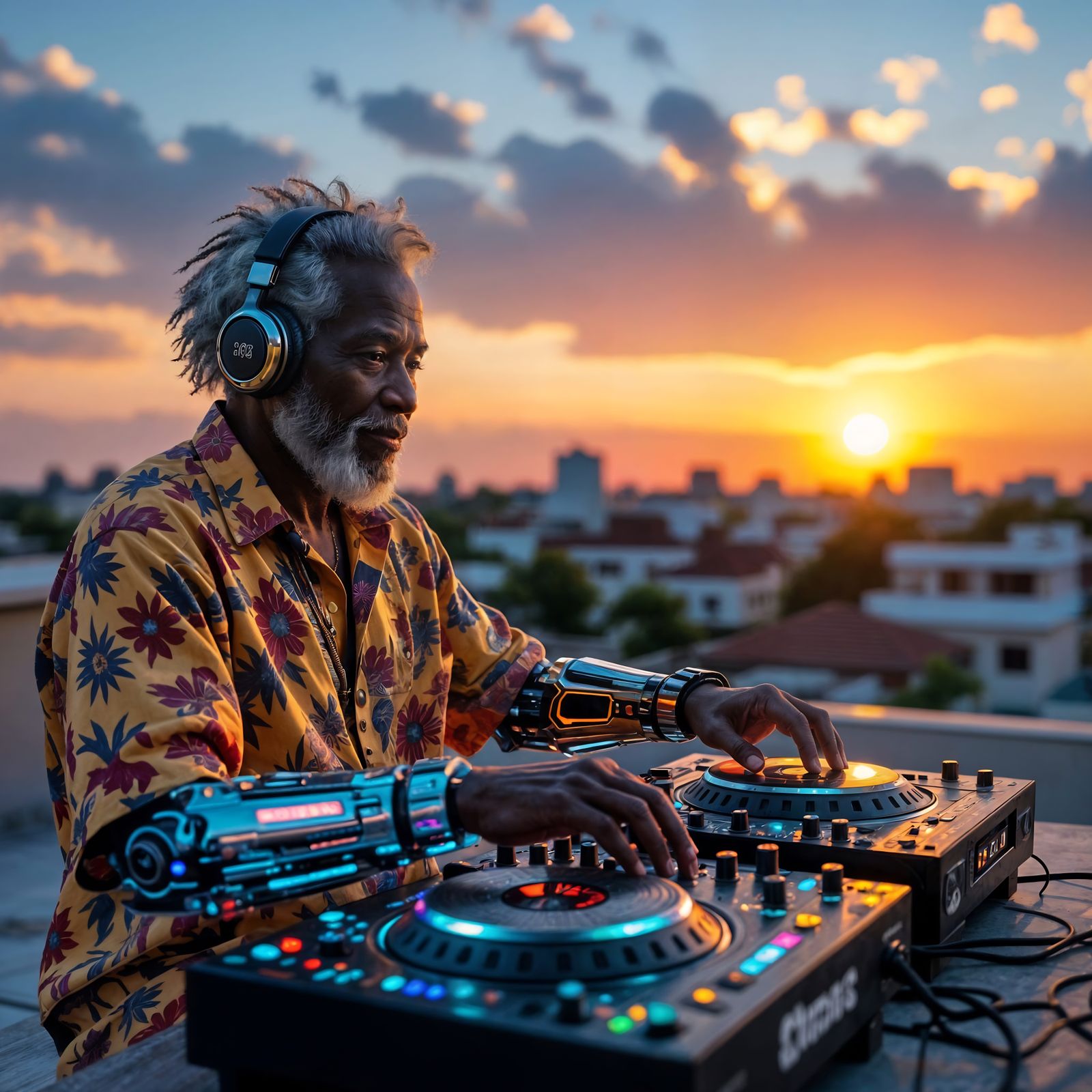 Surinamese Cyberpunk Elder DJing at Rooftop Party