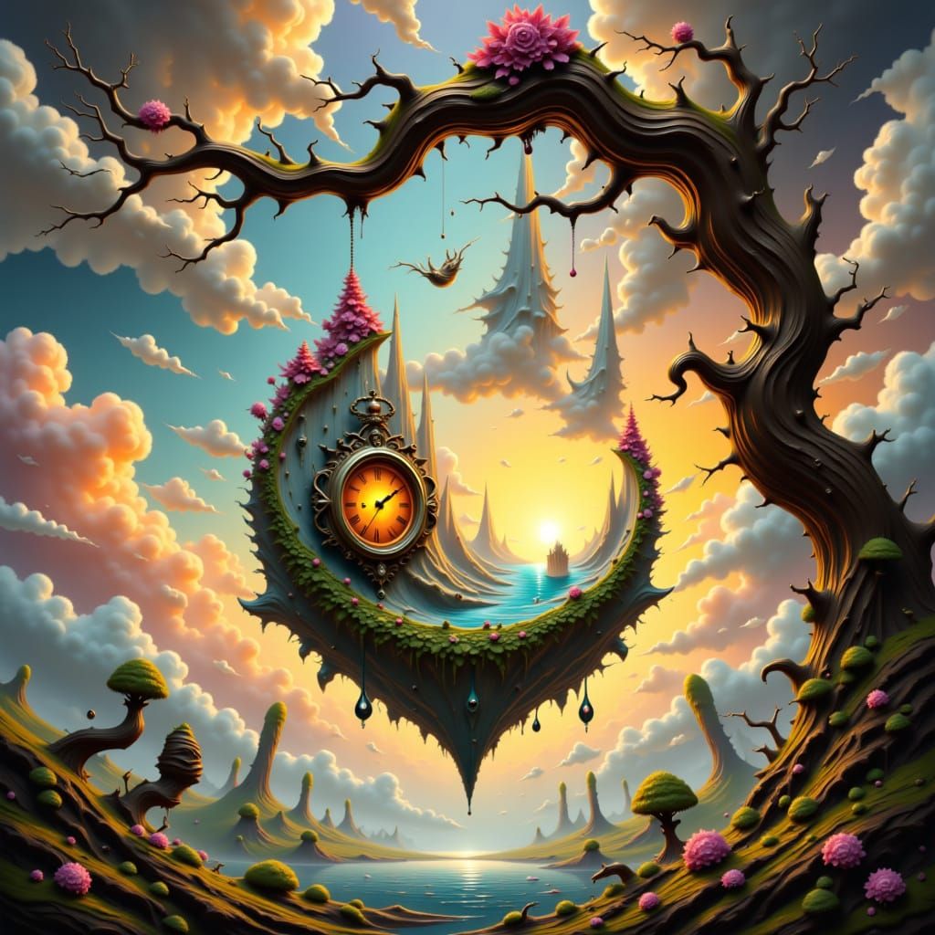 Surrealist Melting Clock on Gnarled Tree Branch