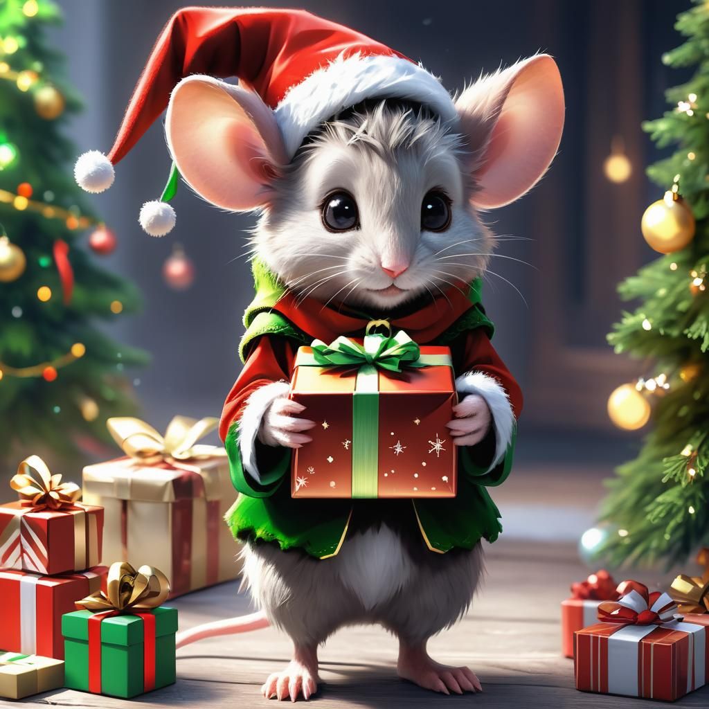 Fluffy Mouse Elf with Christmas Present: 3D Anime Art