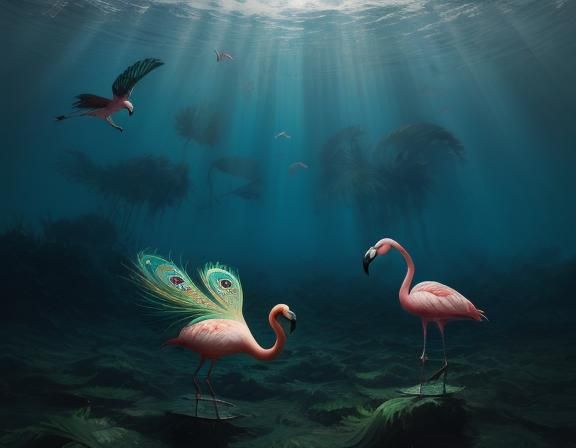 Peacock-Flamingo Hybrid Birds in Kelp Forest