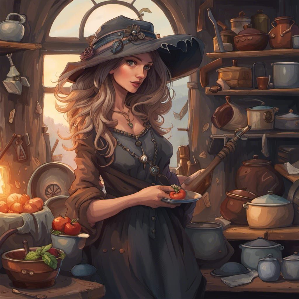 Cute Kitchen Witch in Detailed Matte Painting