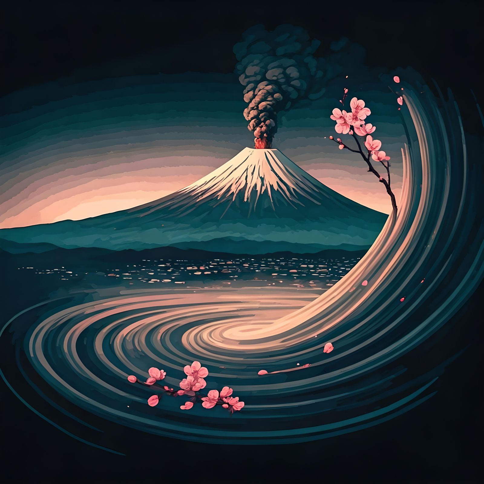 Surreal Japanese Ink Painting: Erupting Fuji