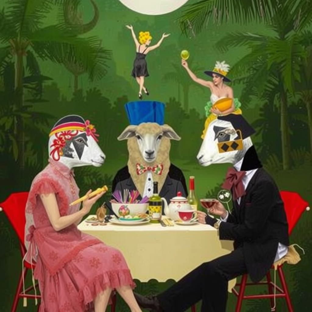 Collage art. A whimsical scene of anthropomorphic sheep in 1...