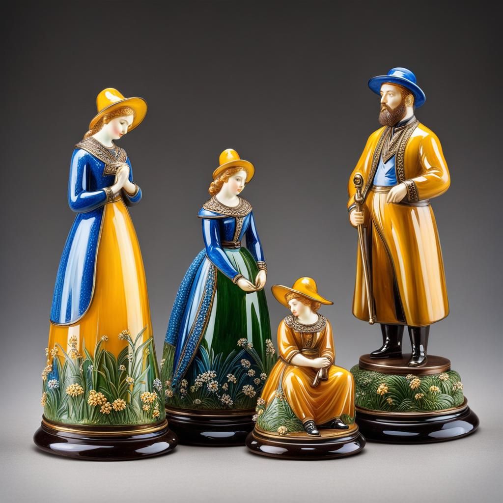 Enameled Glass Figurines in Rustic Style