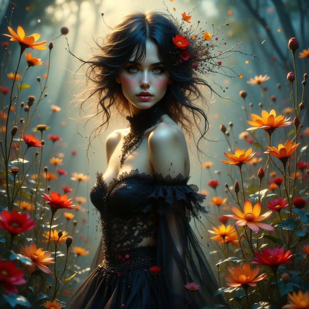 Gothic Seductress in a Field of Luminous Flora