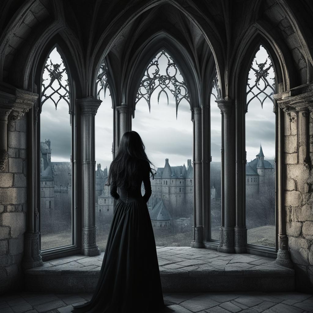 Gothic Beauty in Vampire Castle Window