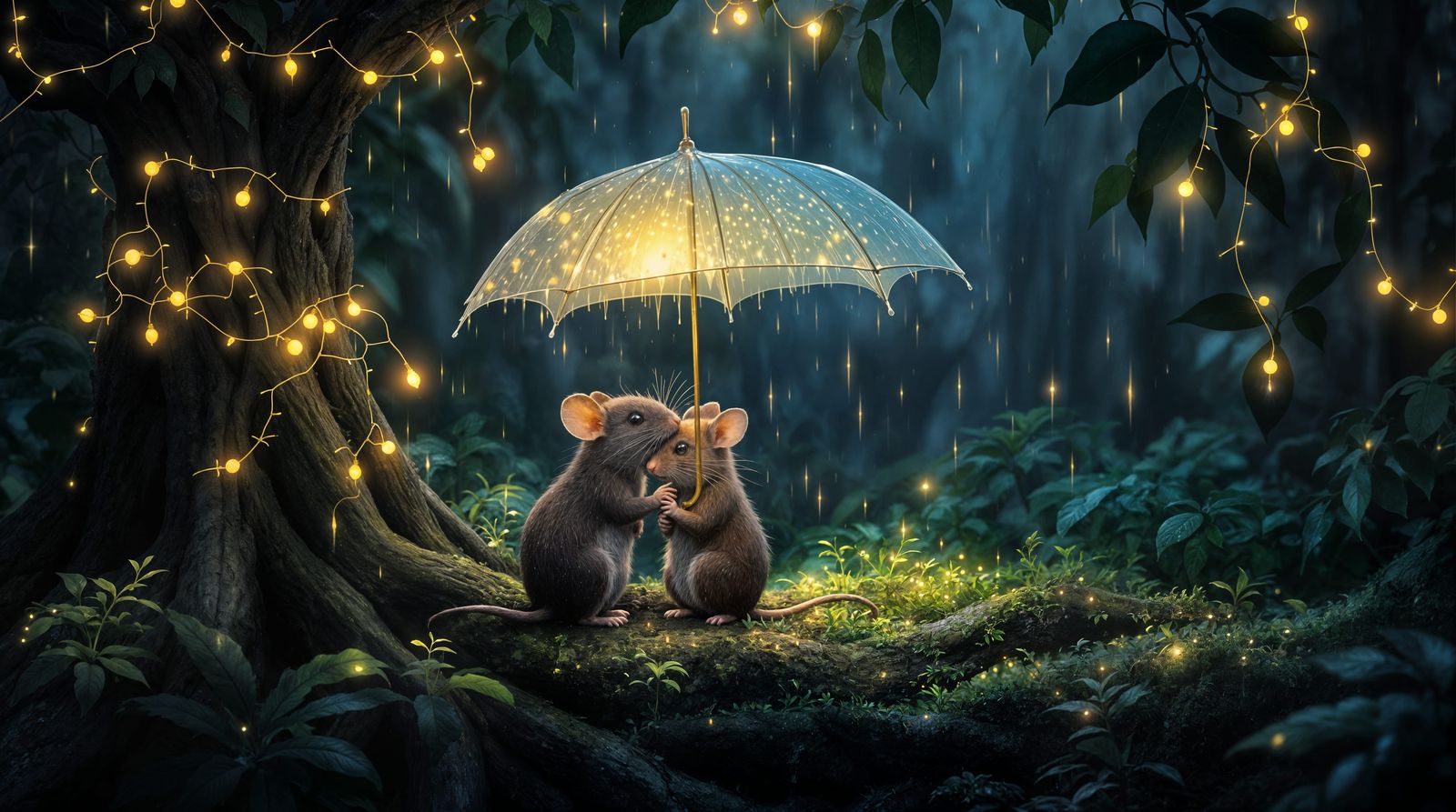 Whimsical Rainforest Scene with Glowing Umbrella