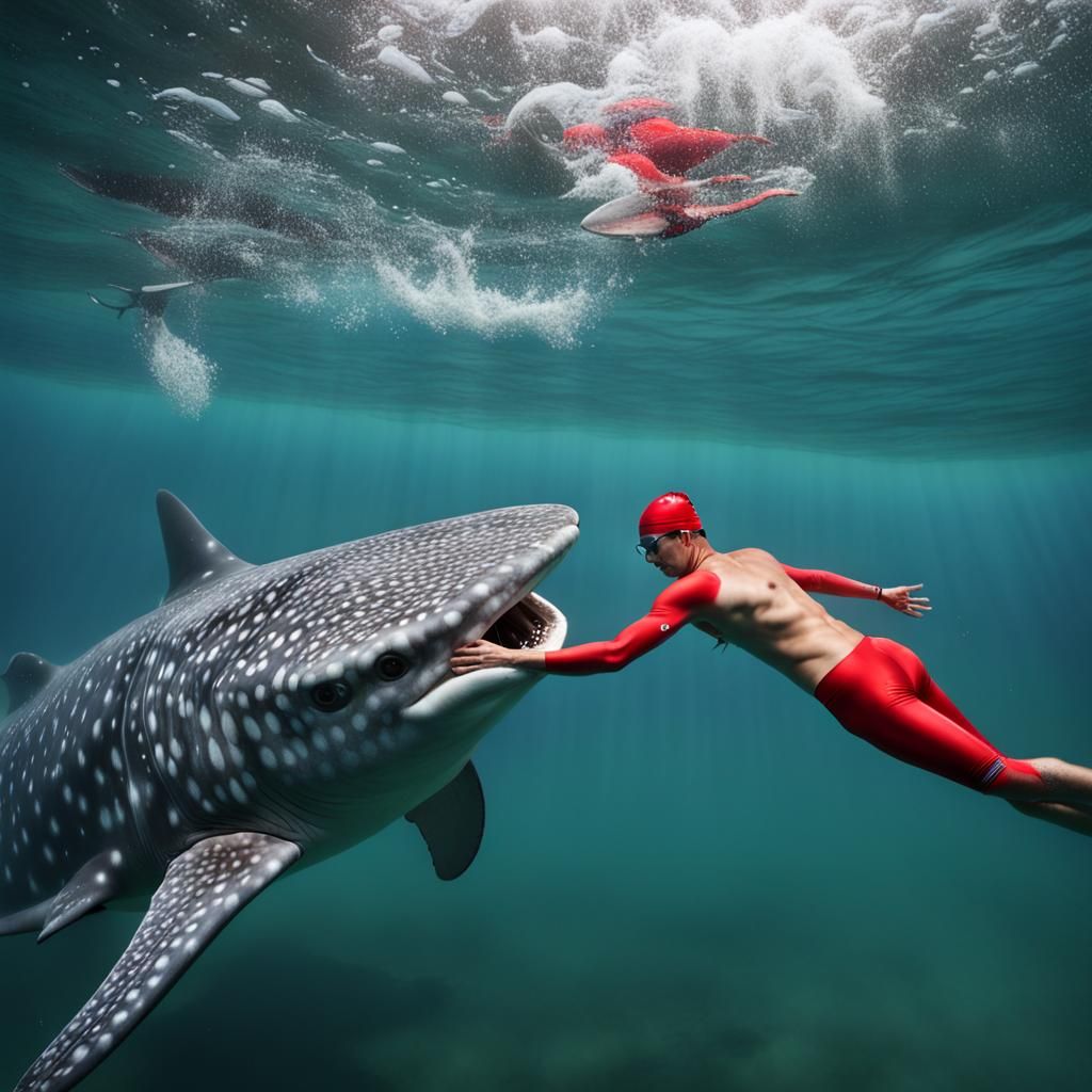A Best quality, photorealistic, detailed professional photograph showing a full-body Asian open water swimmer with a red...
