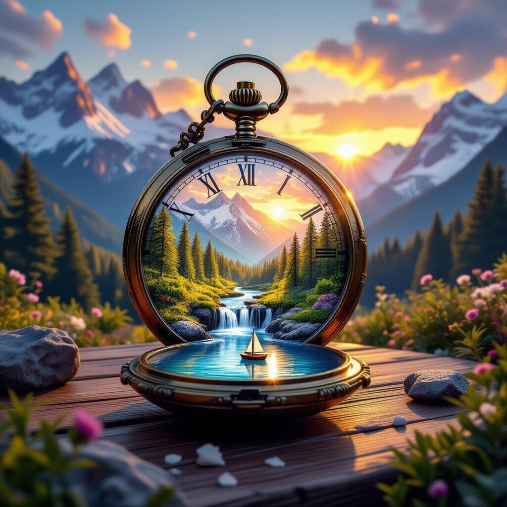 Magical Pocket Watch Holds Forest World at Sunset