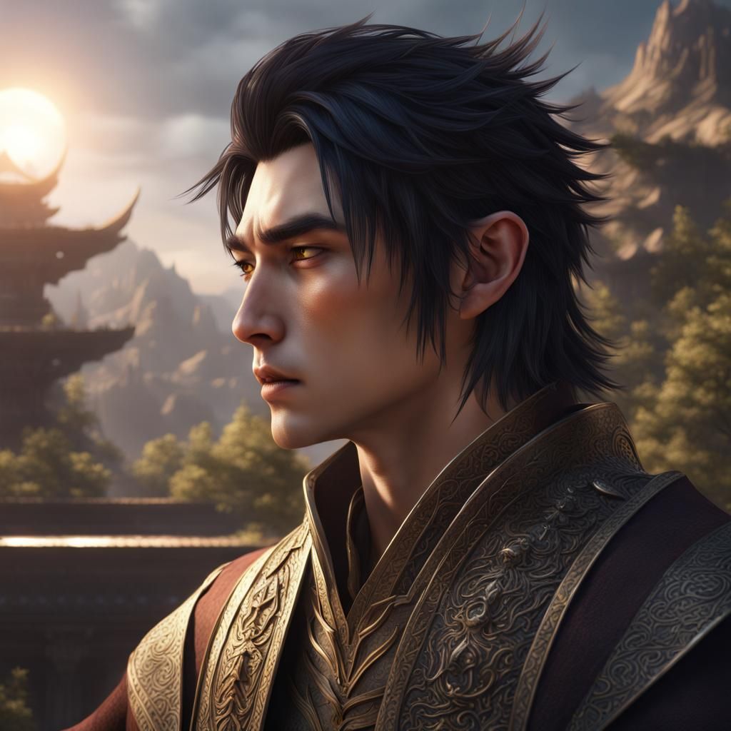 Handsome Asian Half-Elf Scholar Praying in Detailed Matte Pa...