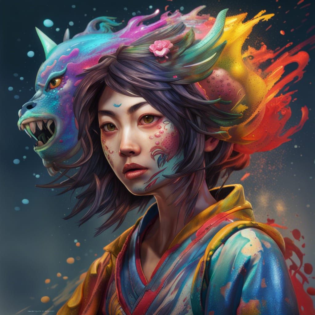 Detailed Yokai Female Portrait in Splash Art Style