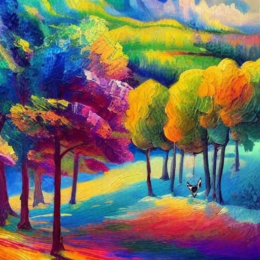 Cats Playing in Surreal Fauvist Landscape Oil Painting