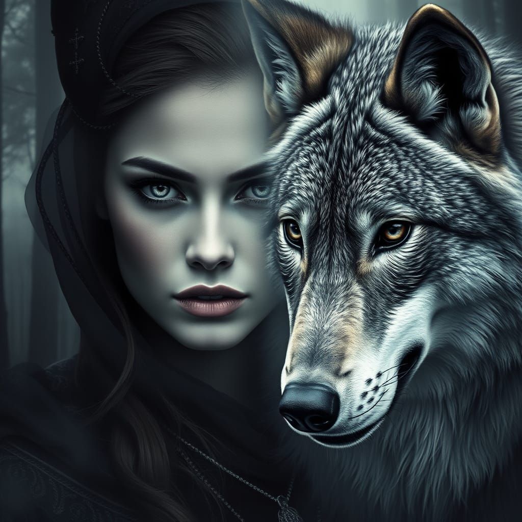 A double exposure image of a woman with a striking face, sea...