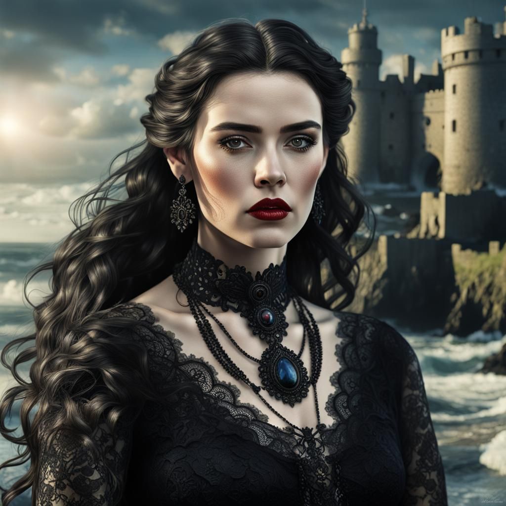 Irish Woman in Black Lace Dress Hyperrealistic Portrait