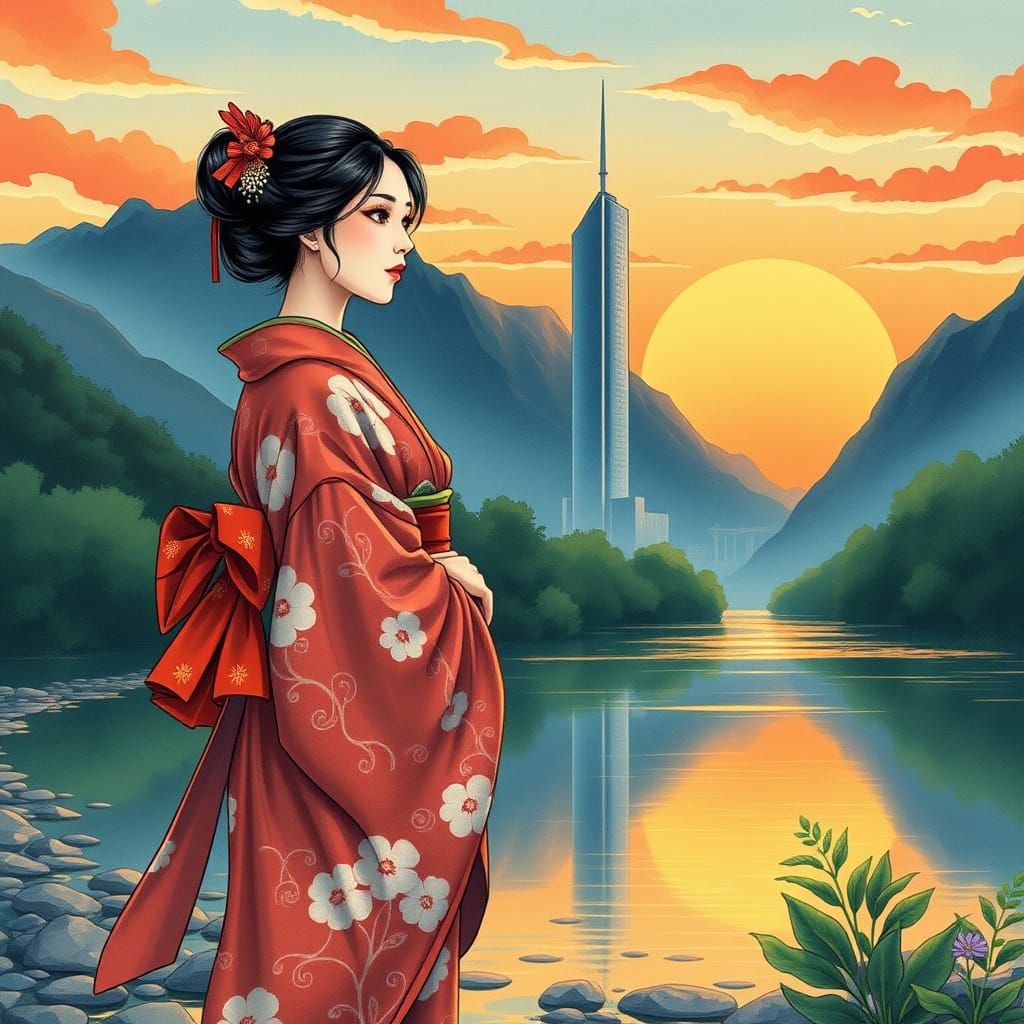 Ethereal Japanese Woman Amidst Sunset Mountains and Highrise