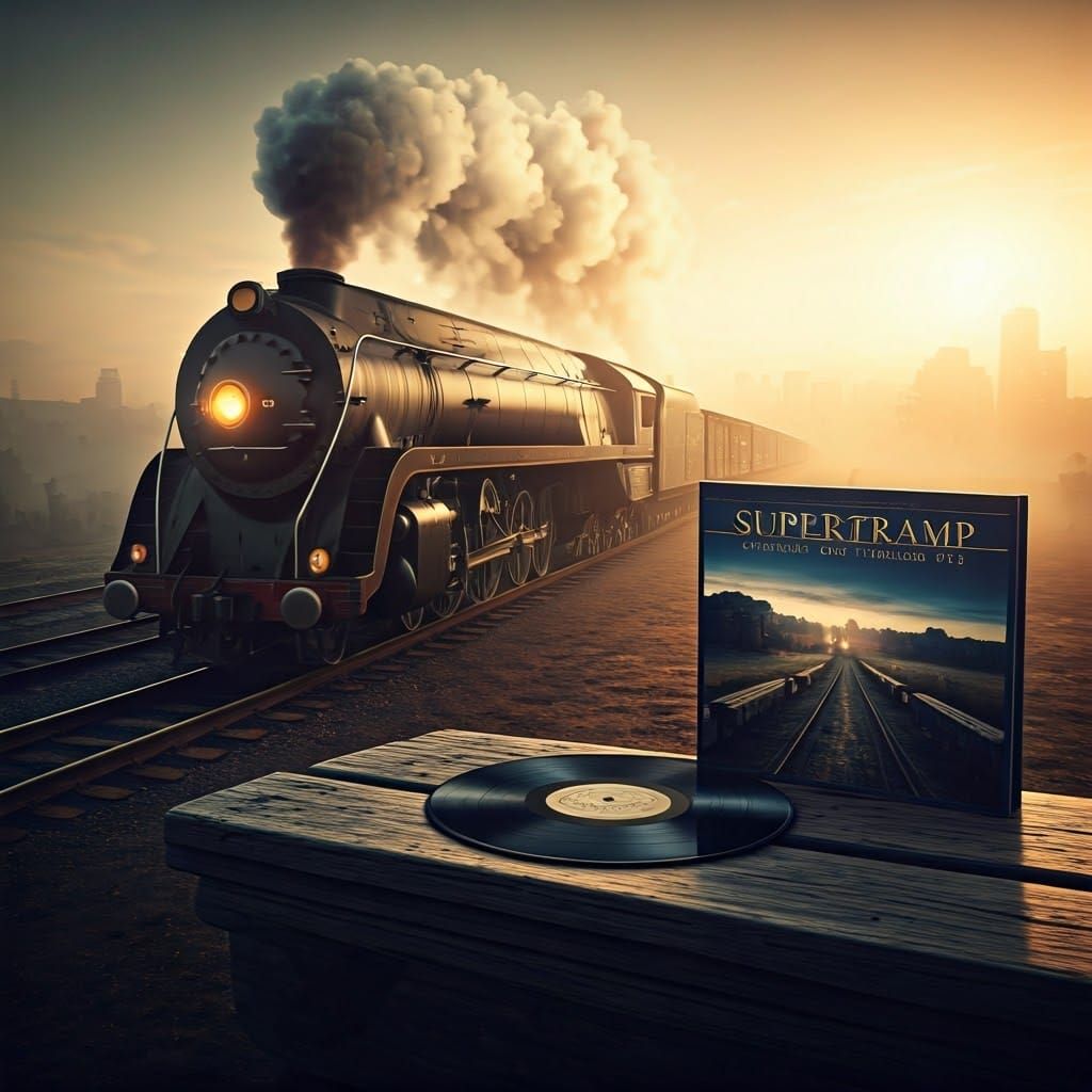 Nostalgic Cityscape at Dawn, Vinyl Record on Worn Bench