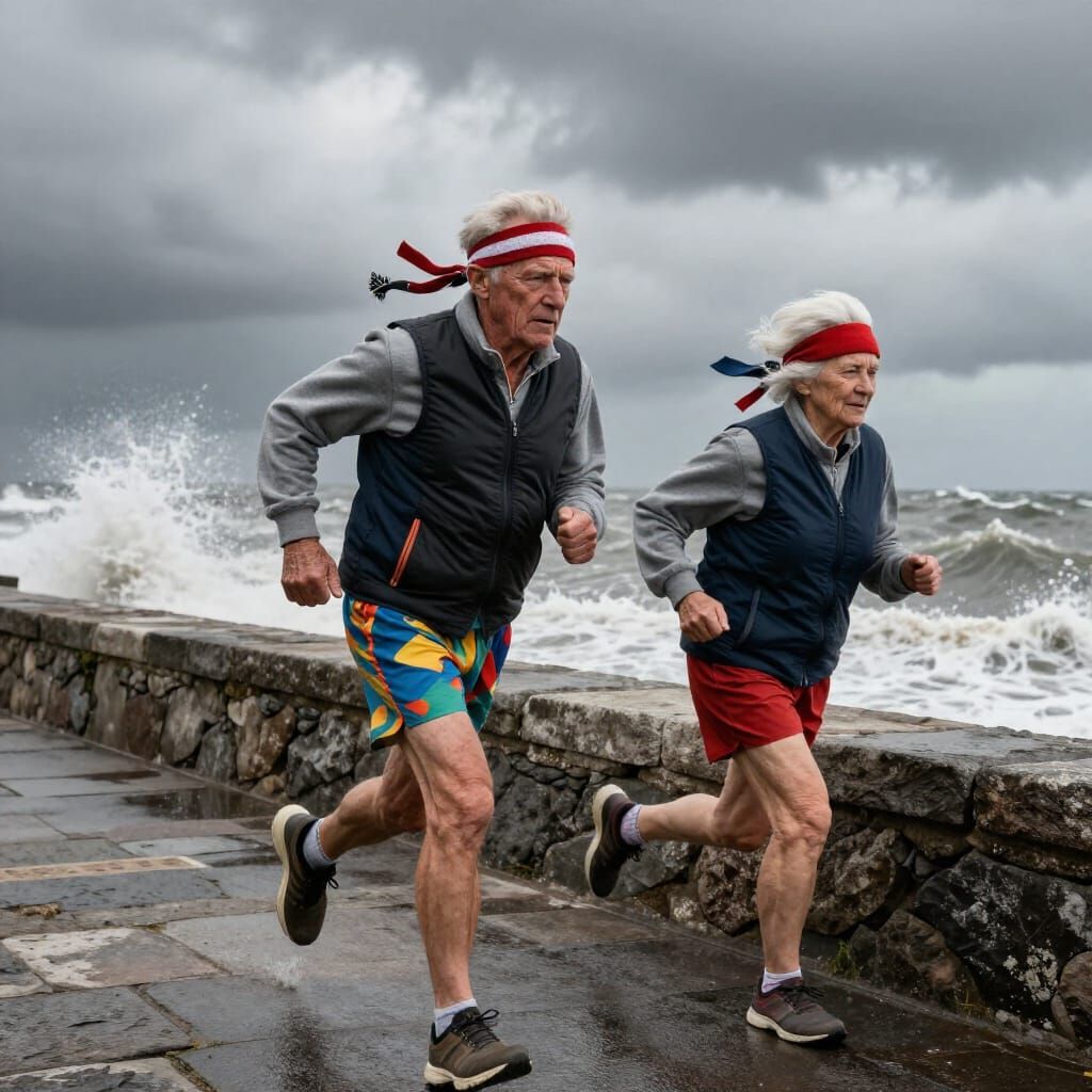 Elderly Couple Running on Sea Wall in Hyperrealistic Style