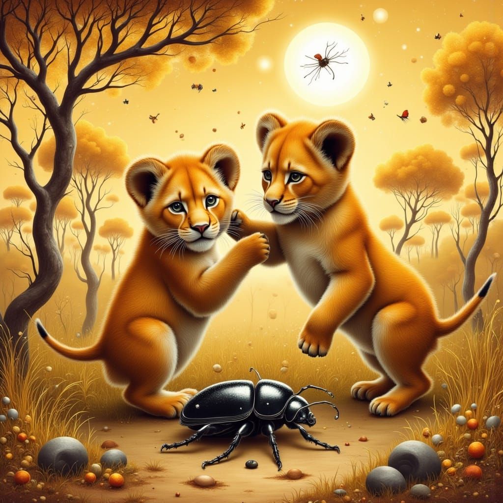 Playful Lion Cubs Chase a Shiny Beetle in Vibrant Savannah L...
