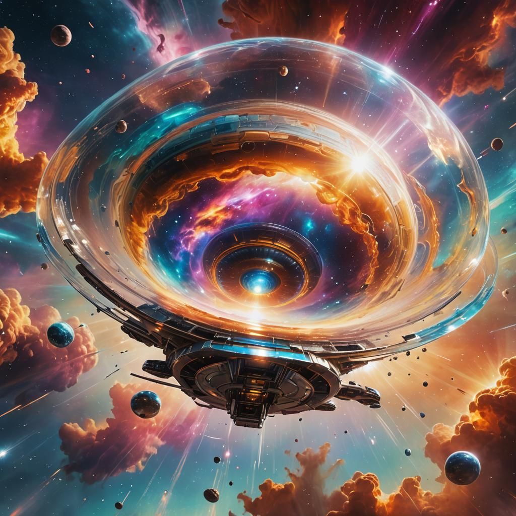 Hyperrealistic UFO over Nebula in Splash Art Style