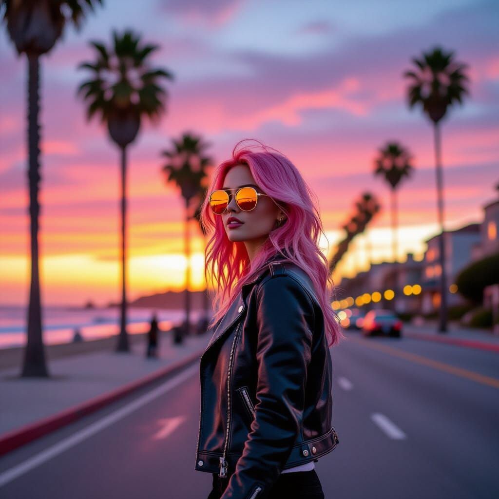 Pink-Haired Skateboarder at Sunset in Santa Cruz