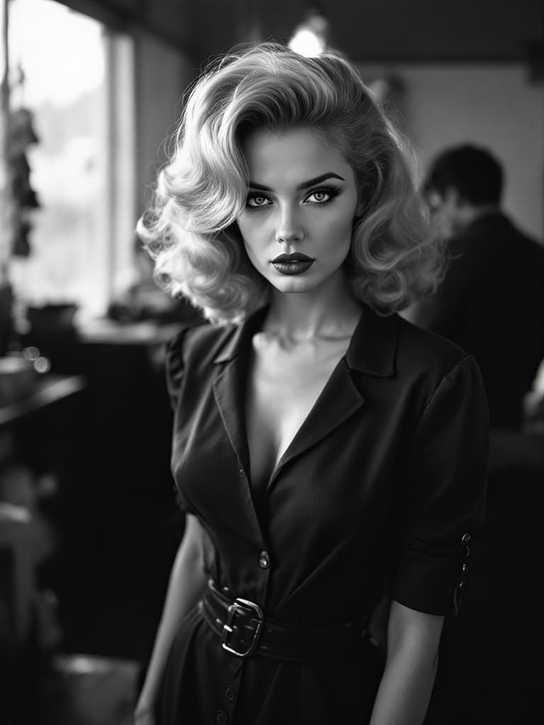 1950s Pin-Up Woman: Anxious Preparation in High Contrast