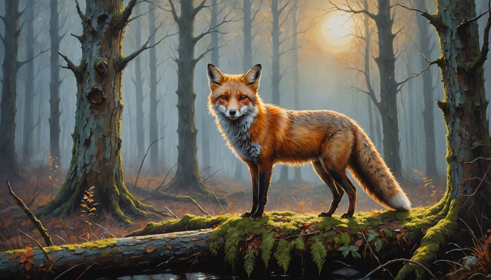 Ethereal Red Fox in Forest, Surreal Oil Painting