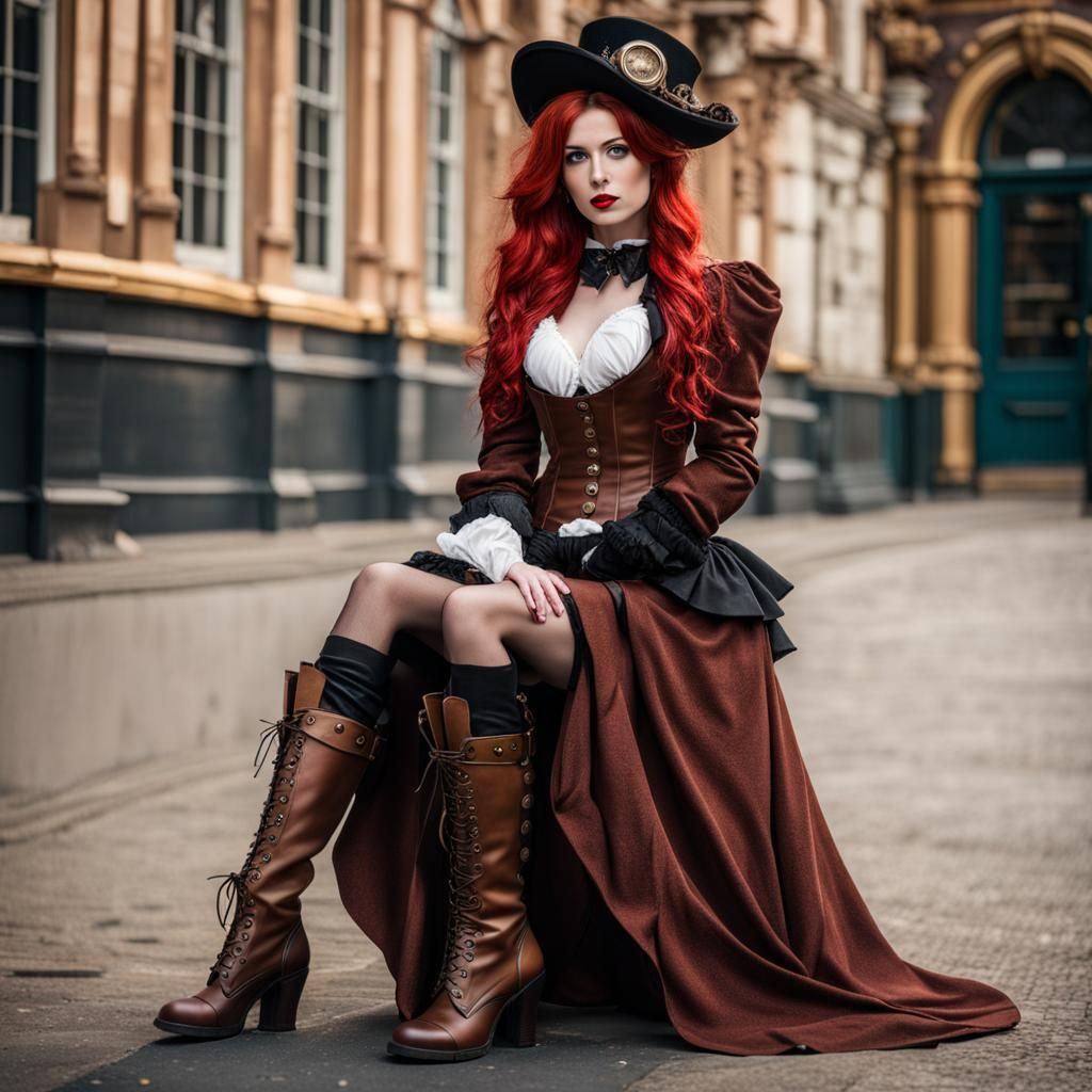 Steampunk Streetwalker in Victorian Cityscape