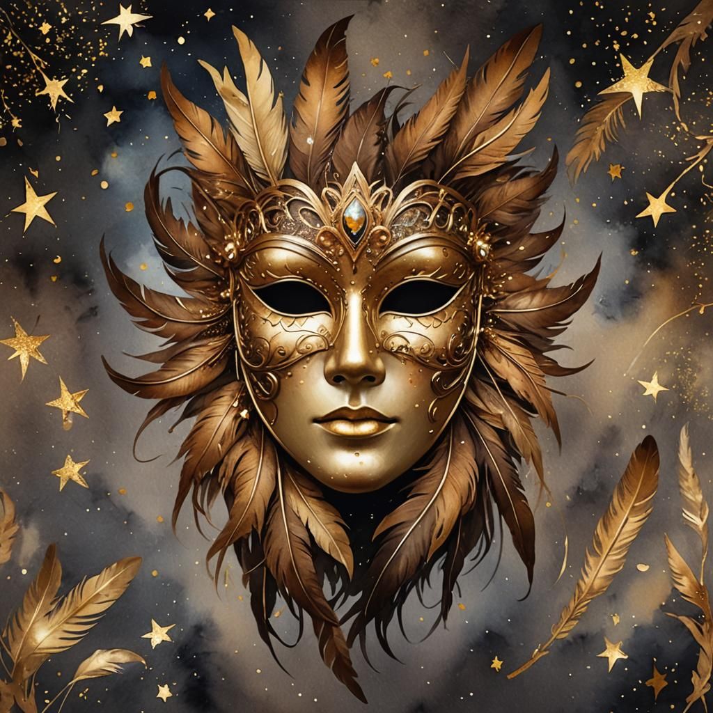 Feathered Mask with Gold Glitter in Art Nouveau Style