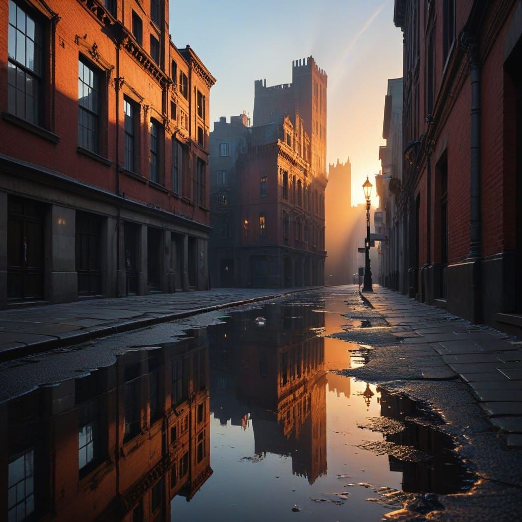 Cubist Cityscape at Dawn: Hyperreal Reflection