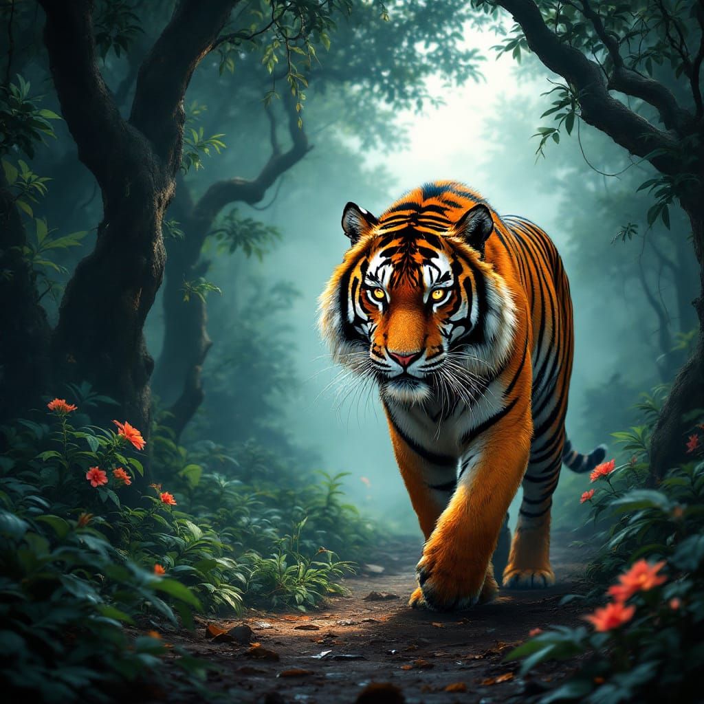 Majestic Bengal Tiger in a Misty Jungle