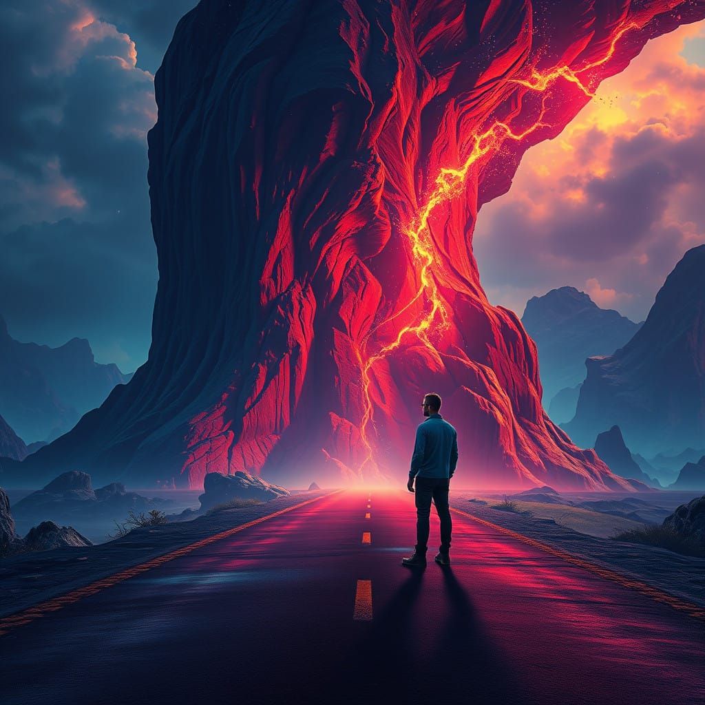 Lonely Figure Stands Between Two Roads in a Fantastical Land...