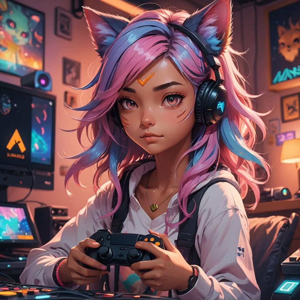Cute Neko Gamer Girl in Anime Style