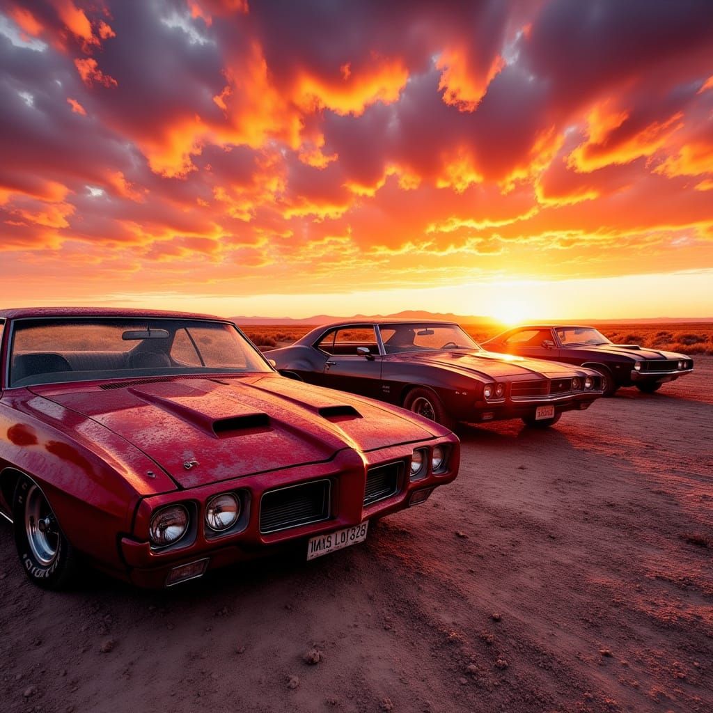 1970s Muscle Cars on Desert Highway at Sunset