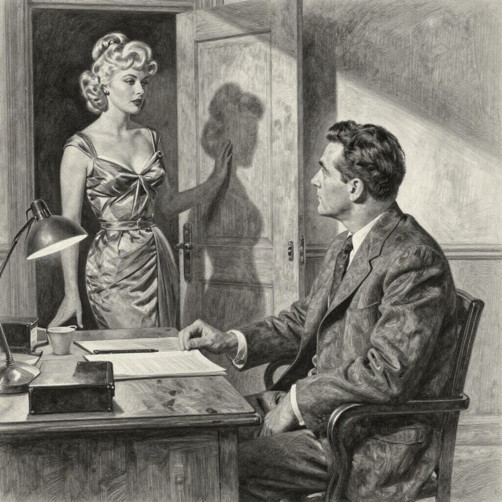 Film Noir Detective Office Scene in Graphite and Oil