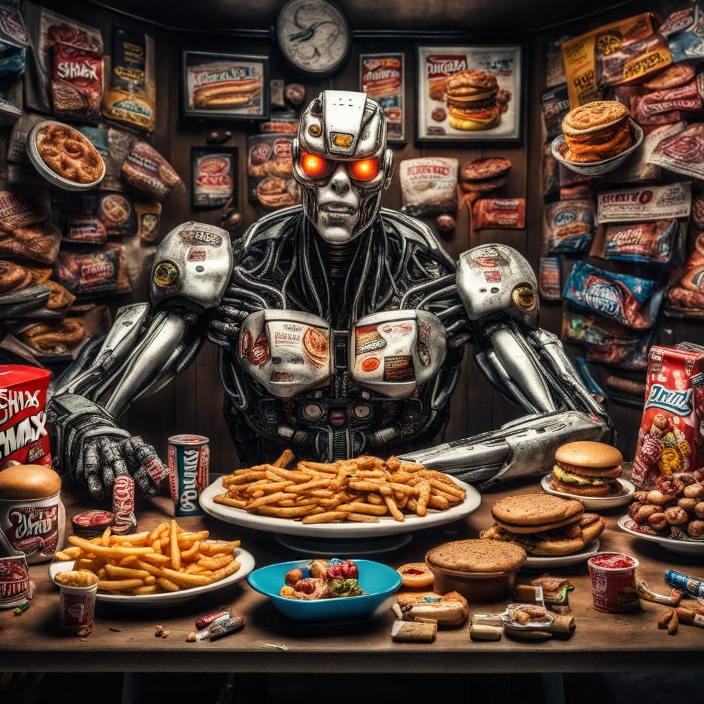 Hyperrealistic Junk Food Feast with Cyborg
