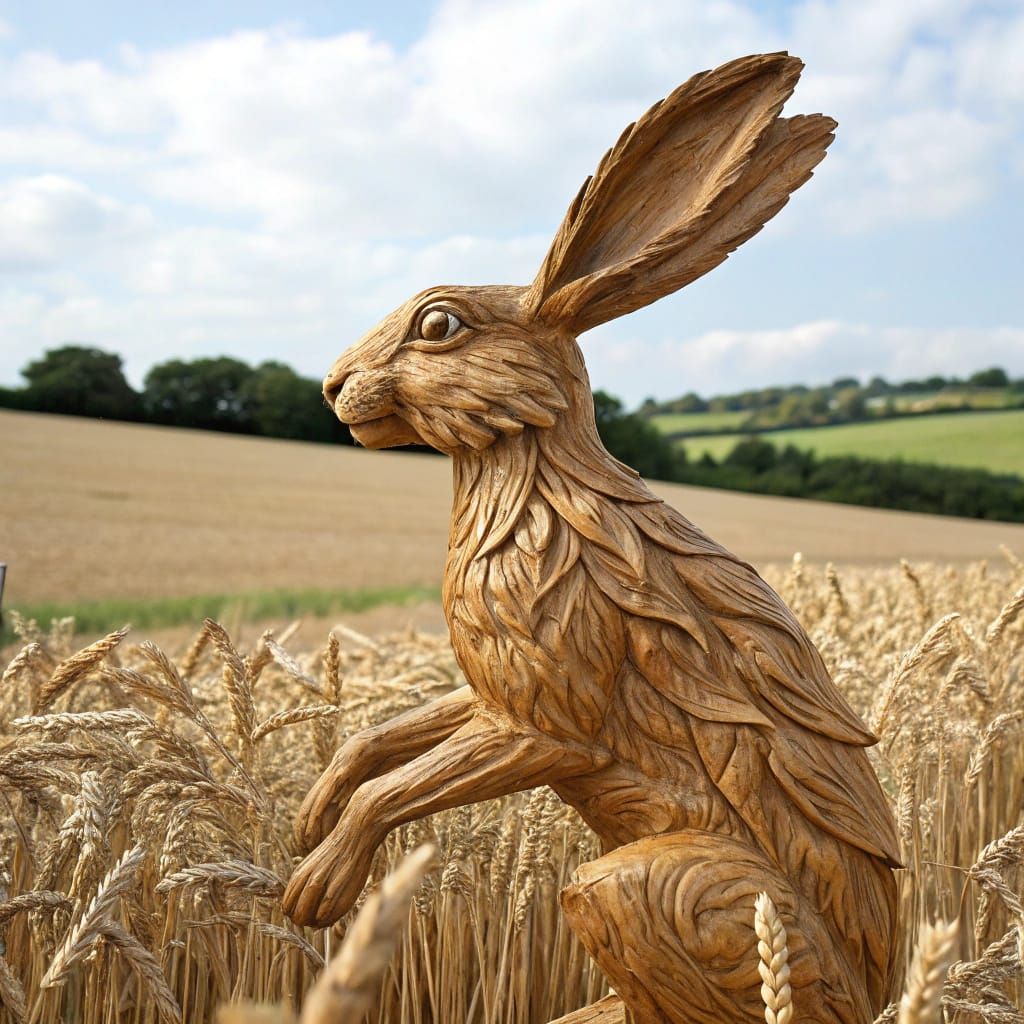 Wooden Hare in Wheat Field, Grinling Gibbons Style