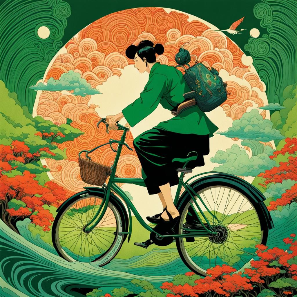Magical Bicycle Time Travel in Ukiyo-e Style