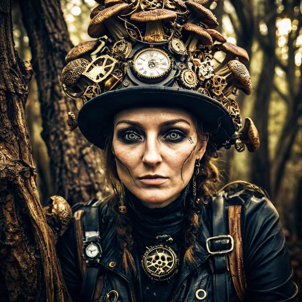 Steampunk Woman with Mushroom Hat in Eerie Forest