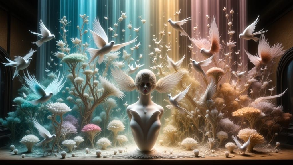 Ethereal Porcelain Birds in Celestial Conservatory