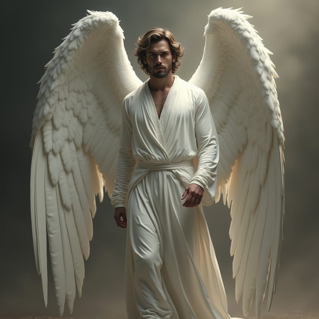 Male Angel in White Robes with Folded Wings