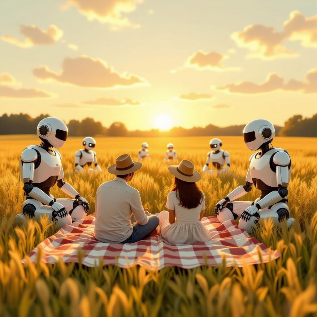 Farmer Couple's Picnic Watched by Robots in Golden Hour