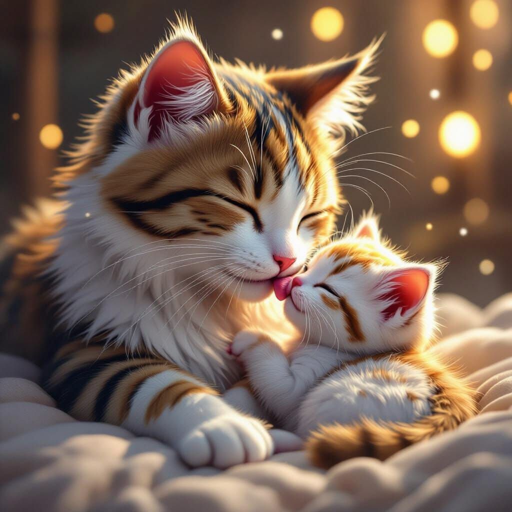 Tricolor Cat Grooming Kitten: 3D Anime Art