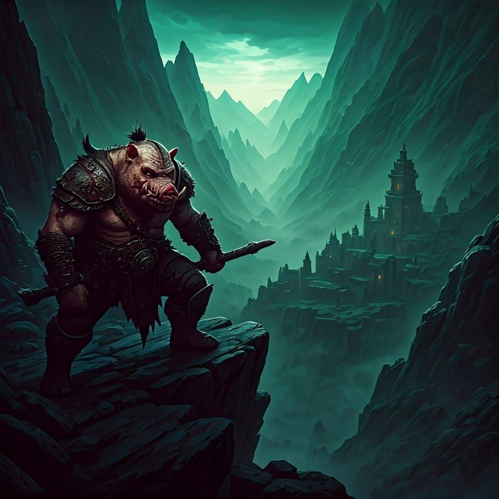 Porcine Warriors Overlook Ruined City at Dusk