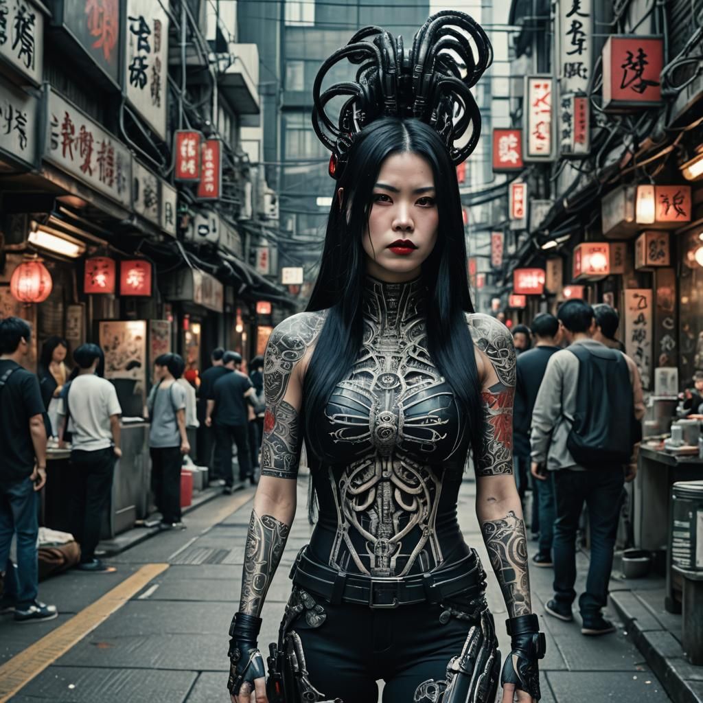 Cyberpunk Woman with Yakuza Tattoo on Hibiya Street