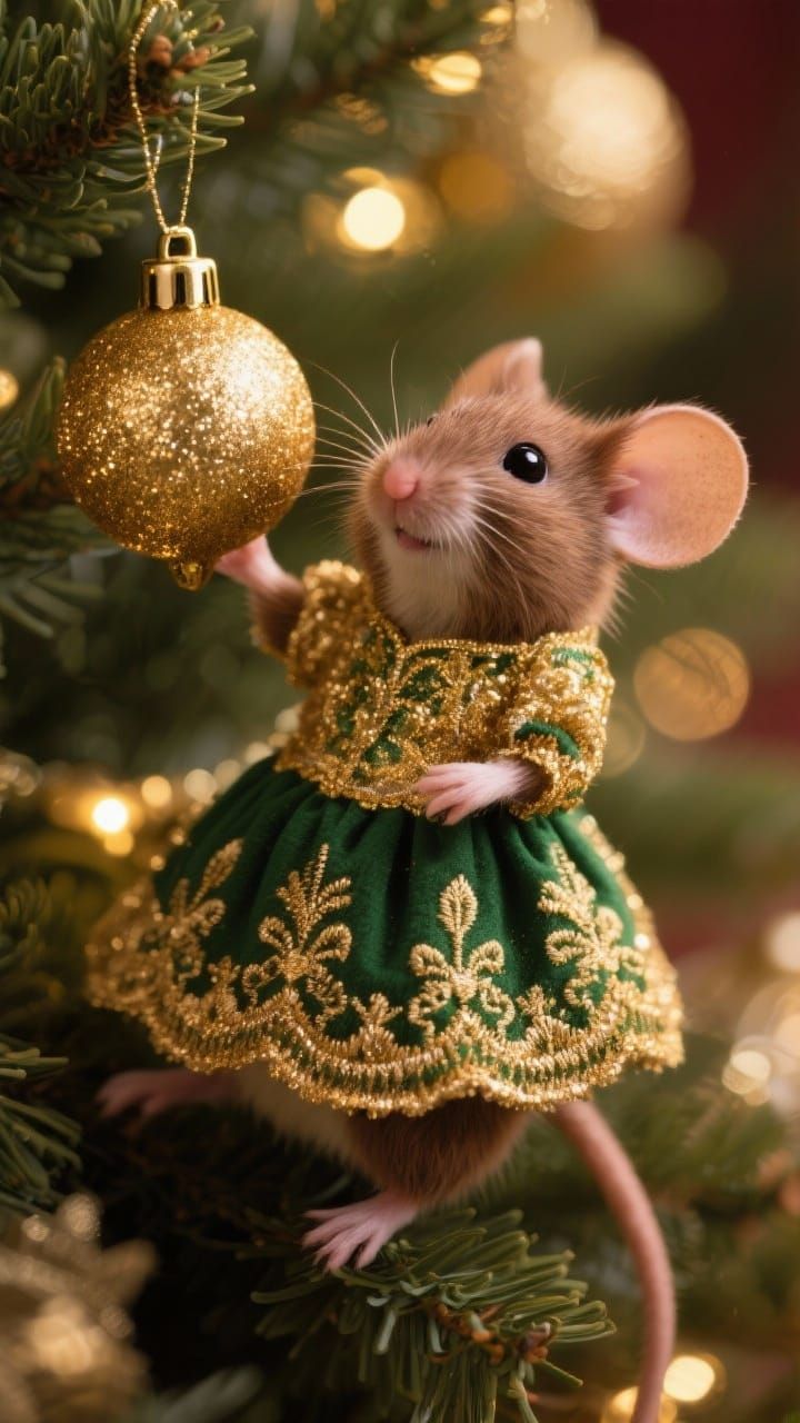 Cute Mouse Decorates Christmas Tree with Gold Ornament