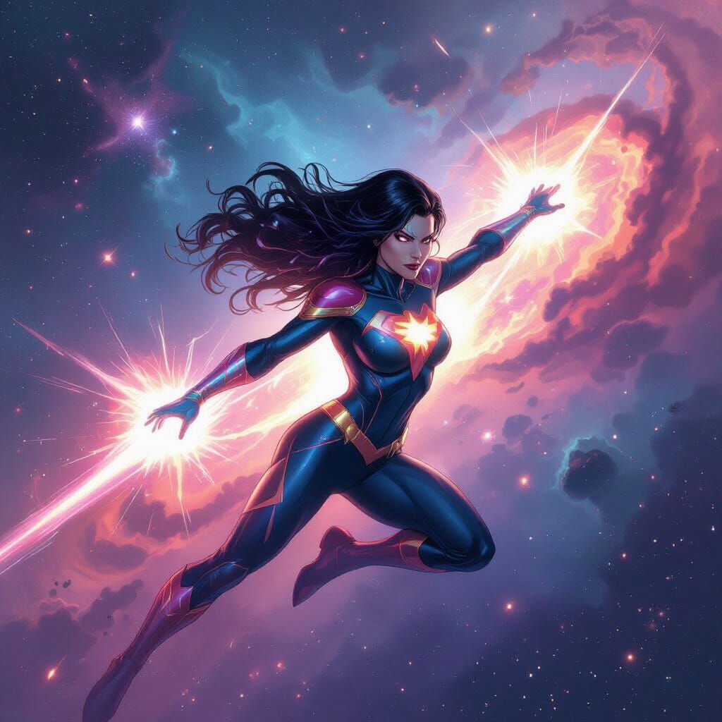 Katarina SuperWoman Soaring Through Cosmic Nebula