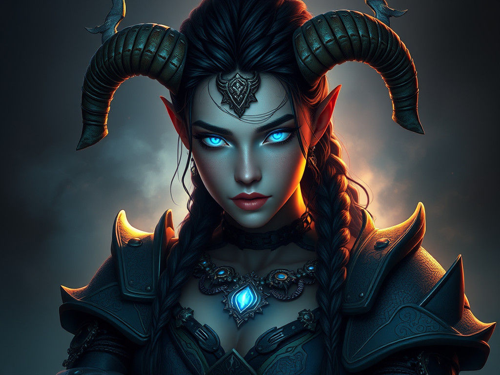 Mystical Female Warrior with Glowing Eyes in Fantasy Art Sty...