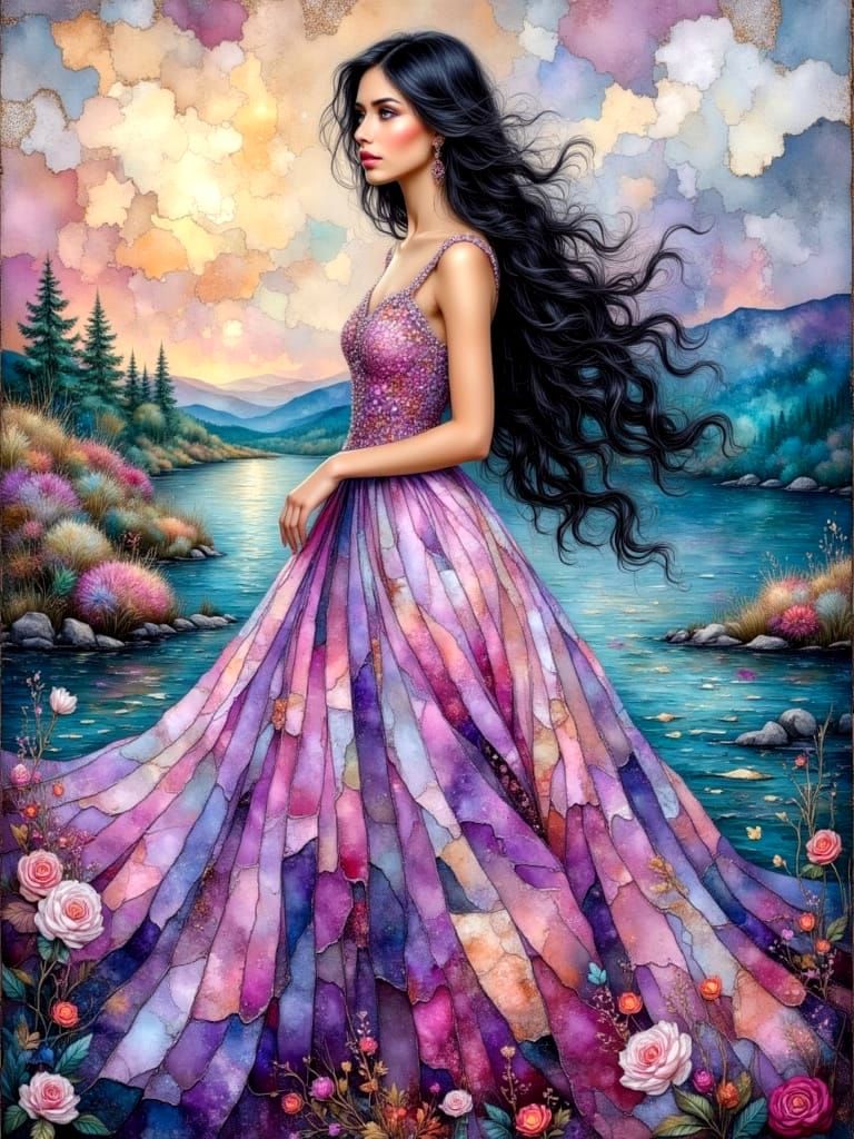 Ethereal Woman in Flowy Dress Amidst Mountain Landscape