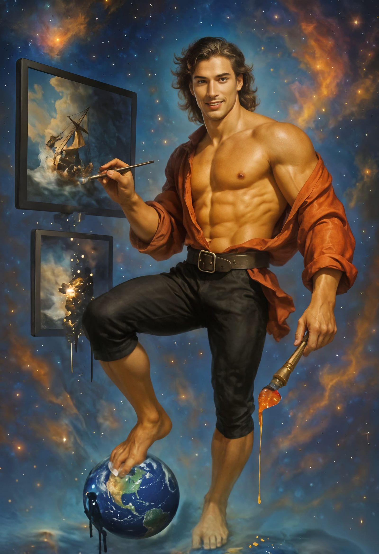 Vibrant Paint Waterfalls in a Galaxy of Glittering Stars